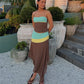 Women Color Block Halter 2 Piece Set Lace‑Up Back Corset Top Asymmetrical Maxi Skirt Summer Party Beach Matching Outfit