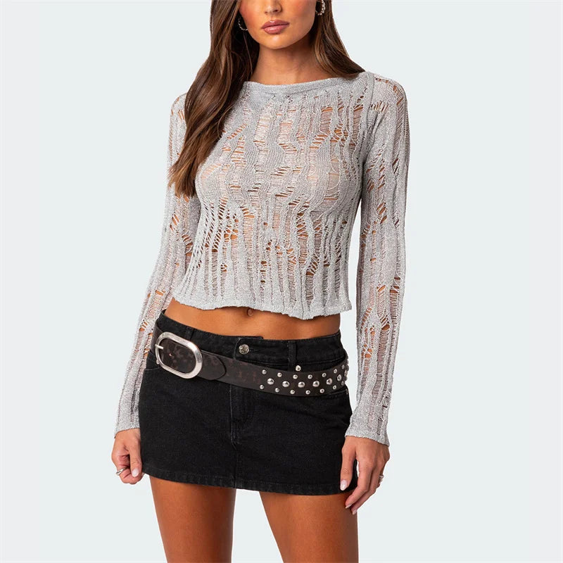 Women Open Back Knit Top Hollow Out Ripped Sweaters Long Sleeve Distressed Sheer Backless Crochet Crop Tops Vintage