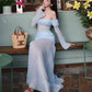 Off-Shoulder Maxi Dress Women Full Sleeve Folds See Through Hem Elegant Vacation Birthday Party Chic Autumn Vestidos