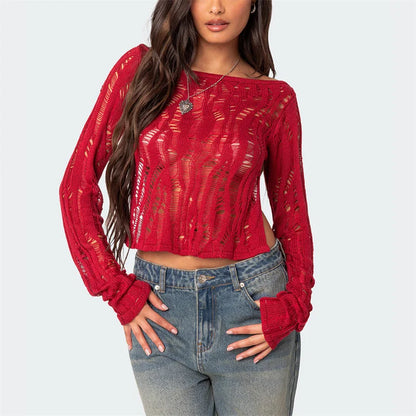 Women Open Back Knit Top Hollow Out Ripped Sweaters Long Sleeve Distressed Sheer Backless Crochet Crop Tops Vintage