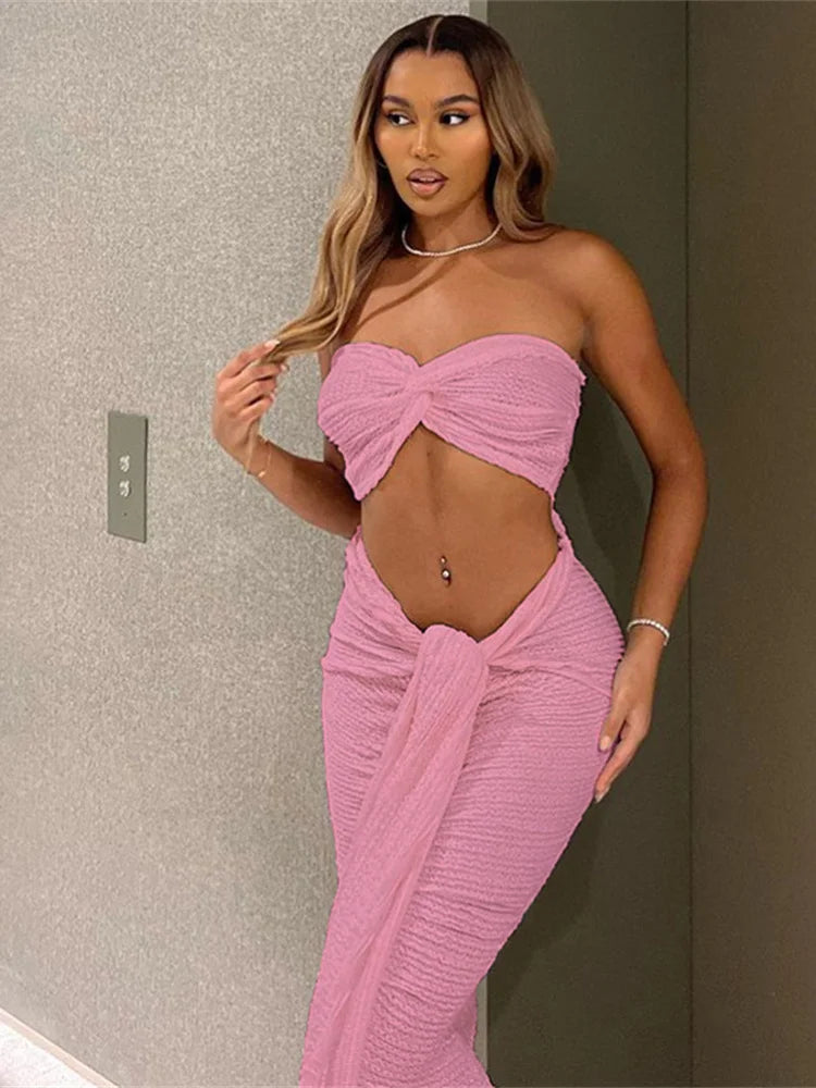 Thin Striped Knot Women 2 Piece Set Midnight Elegant Strapless Tops+Bandage Skirts 2023 Vacation Matching Clubwear