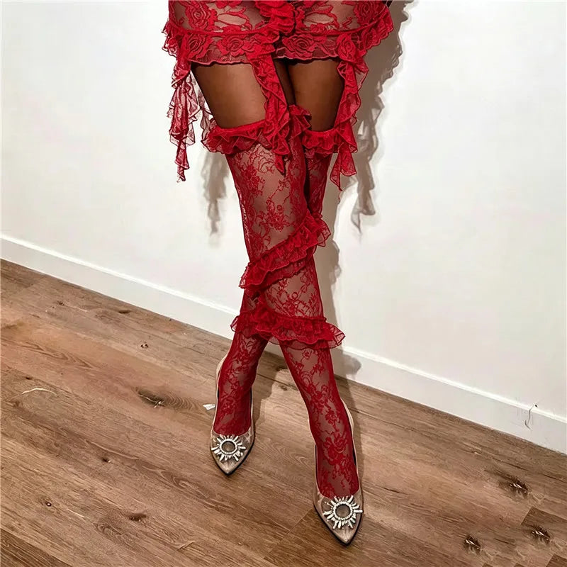 Halloween Women Floral Lace Thigh High Socks Multi Tier Ruffle Sheer Mesh Over Knee Stockings Cosplay Party Hosiery
