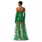 Women Green Leaf Sequin Bodysuit Costume with Tulle Train and Long Gloves Party Carnival Fancy Dress