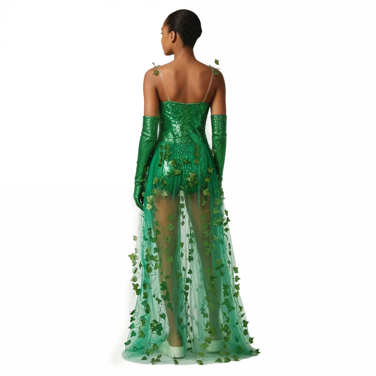 Women Green Leaf Sequin Bodysuit Costume with Tulle Train and Long Gloves Party Carnival Fancy Dress