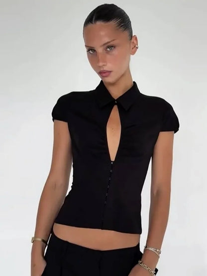 Collared Short Sleeve Cut Out Crop Tops Sexy Black T Shirts Fashion 2026 Summer Clothes for Woman
