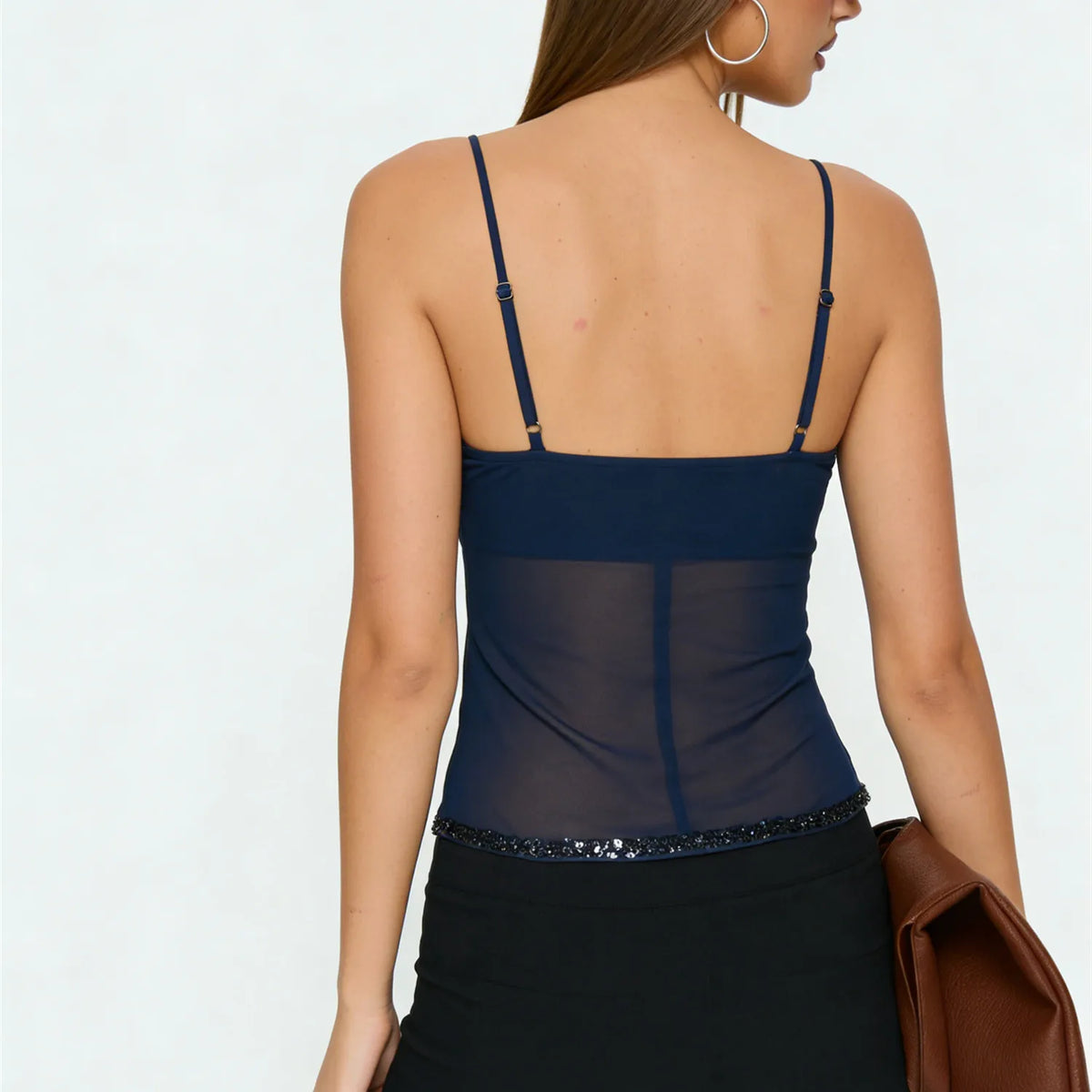 Sexy Women Sequin Beaded Mesh Cami Top Spaghetti Strap V Neck Fitted Sheer Camisole for Nightclub Party Festival Outfits