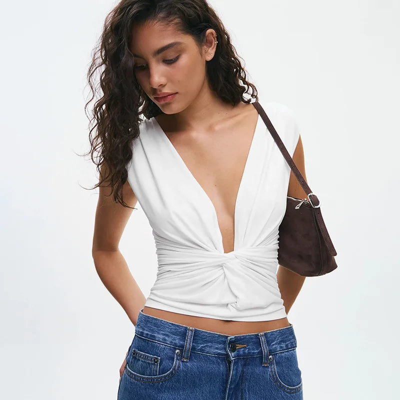 Twisted Deep V Neck Sleeveless Backless Tops Fashion 2026 Summer Clothes for Women T Shirts White Black