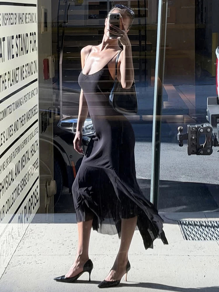 Ruffles Irregular Hem Maxi Dress Women Low-Neck Sleeveless Solid Skinny Simple Classic Summer High Street Vestidos