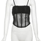 Mesh See Through 2 Piece Set Women Sexy Backless Camisole+Contrast Patchwork Ruched Skirts Hot Girls Wild Style Suits