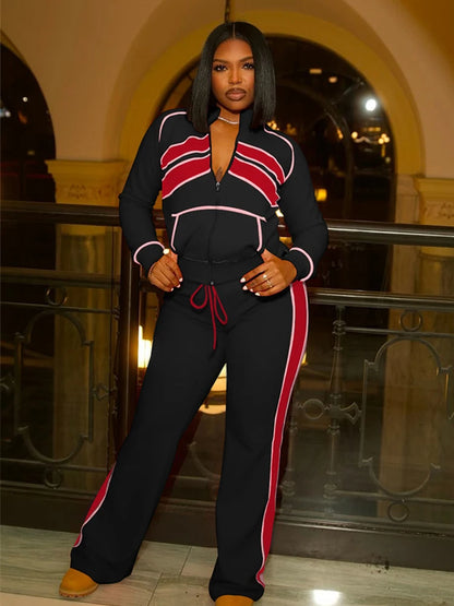 Fashion 2Piece Set Woman Contrast Patchwork Full Sleeve Zip Cardigan Jacket+Drawstring Long Pants Sporty Casual Tracksuit