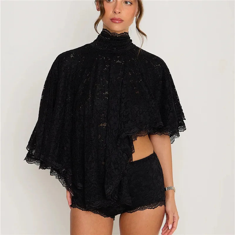 Women's Vintage Floral Lace High Neck Blouse Capelet Batwing Sleeve Open Back Bow Tie Backless Flowy Sheer Cropped Top