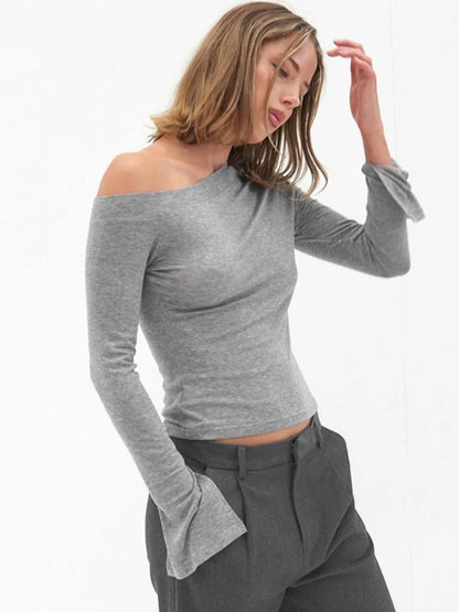 One Shoulder Slit Long Sleeve Tee Shirts Ladies Casual Grey Tops Woman's Clothes Fall