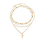 2Pcs/Set Boho Exquisite Imitation Pearl Acrylic Rhinestone Choker Necklace Trend Gold Color Cross Pendant Necklace Jewelry