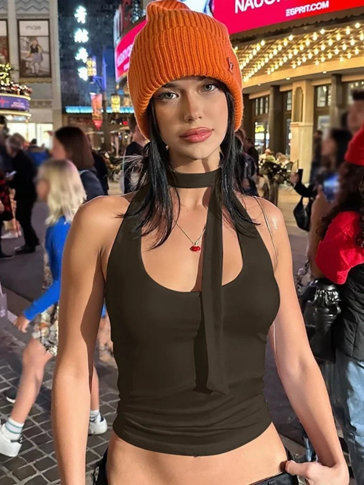 Lace Up Halter Crop Top Sexy Summer Clothes for Woman Solid Color Tanks & Camis