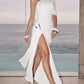 One Shoulder Pleated Maxi Dress with High Side Slit Sexy Elegant Woman for Party Evening White Dresses