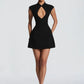 Women Cap Sleeve Sexy Mini Dress Stand Collar Cutout Front Lace Up Back Flared Dress A Line Party Cocktail Short Dress