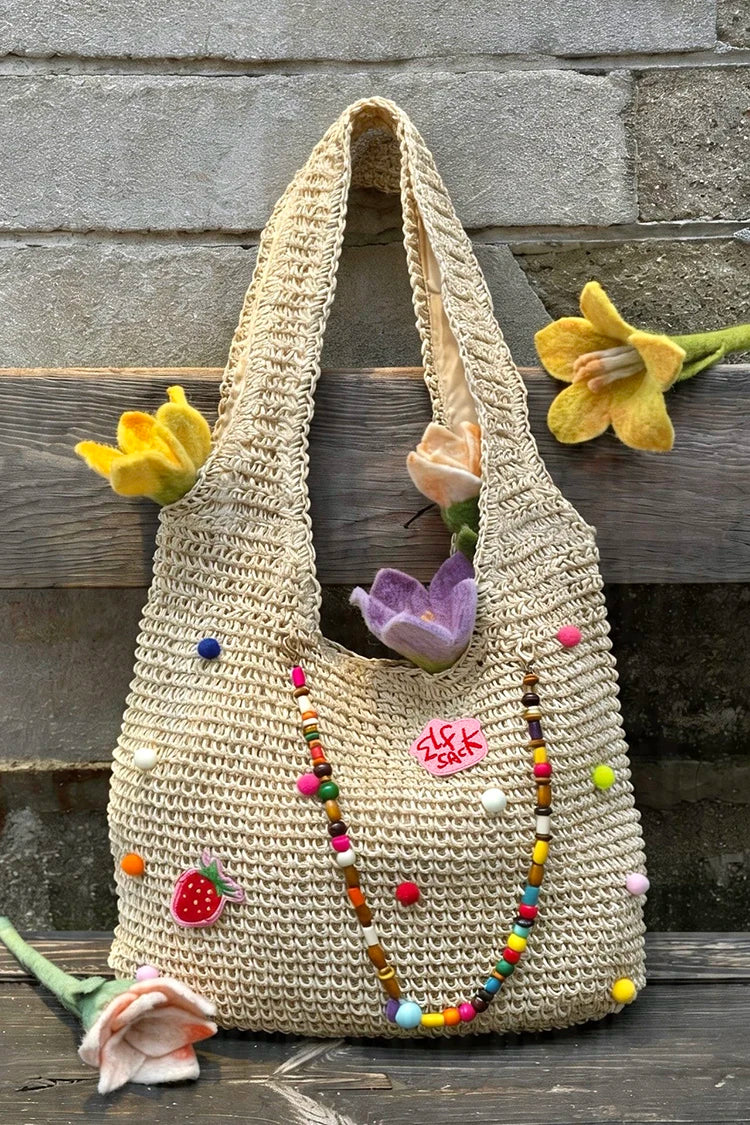 Women's Boho Crochet Straw Shoulder Bag with Colorful Beads, Large Summer Beach Tote Bag, Casual Vacation Handbag