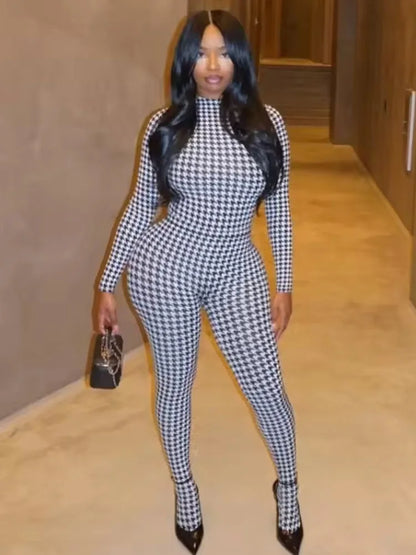 Sexy Foot Jumpsuit Women Snake Print Autumn Trend o-Neck Full Sleeve Stretch Skinny Street Clubwear Zip Slim Overalls