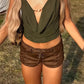 Y2K Faux Suede Lace Up Mini Shorts for Women Low Rise Drawstring Waist Side Lace Up Hot Pants Casual Summer Rave Party