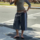 Elastic Drawstring Waist Side Stripes Cropped Seven Pants Women Loose Wide Leg Sweat Jogger Casual Street Bottoms