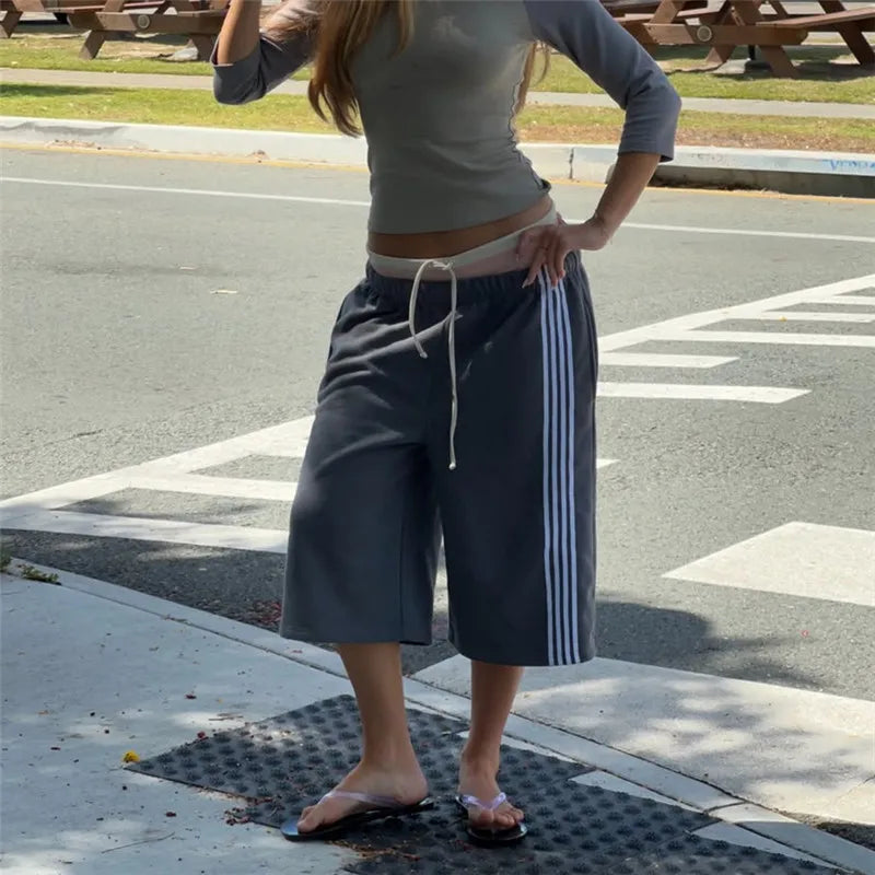 Elastic Drawstring Waist Side Stripes Cropped Seven Pants Women Loose Wide Leg Sweat Jogger Casual Street Bottoms