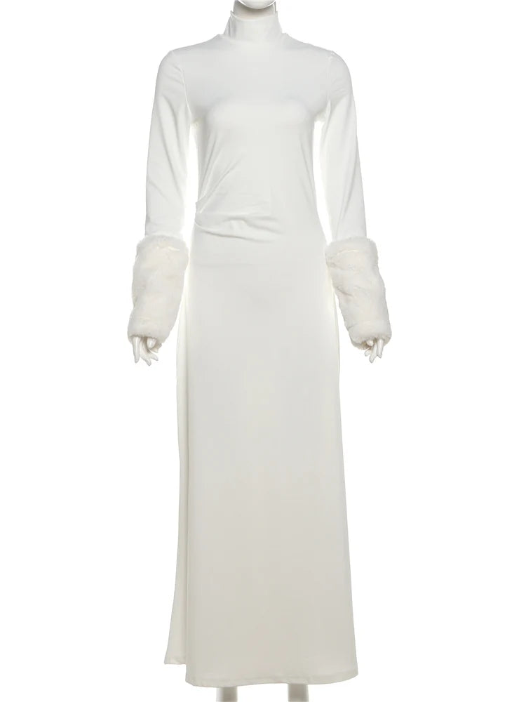 Sexy Furry Sleeve Dress Women O-Neck Autumn Trend Elegant Simple Christmas Birthday Party Stretch Skinny Maxi Bodycon