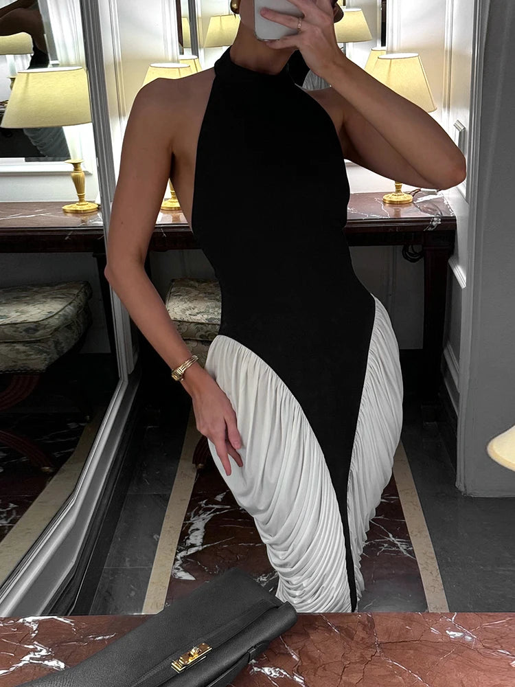 Contrast Patchwork Dress Women Sexy Backless Halter Pleated Y2K Sleeveless Slim Elegant Midnight Club Party Bodycon