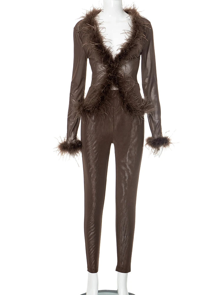 Feather Patchwork 2Piece Set Women Thin Fit Long Sleeve V-Neck Crop Top+Stretch Trousers Midnight Sexy Matching Suit