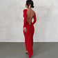 Pleated Open Back Long Sleeve Maxi Dress for Birthday Women Black White Elegant Evening Gown Party Dresses