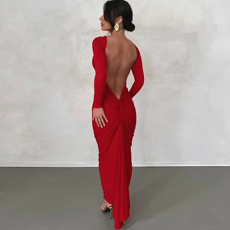 Pleated Open Back Long Sleeve Maxi Dress for Birthday Women Black White Elegant Evening Gown Party Dresses