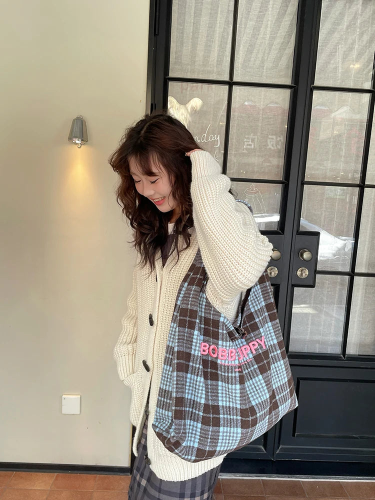 Y2K Korean Plaid Letter Embroidery Large Capacity Tote Bag For Women