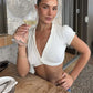 Women Sexy Ruffle Trim Deep V Neck Crop Top Short Sleeve Single Button Y2K Coquette Beach Vacation Tank Top Clubwear