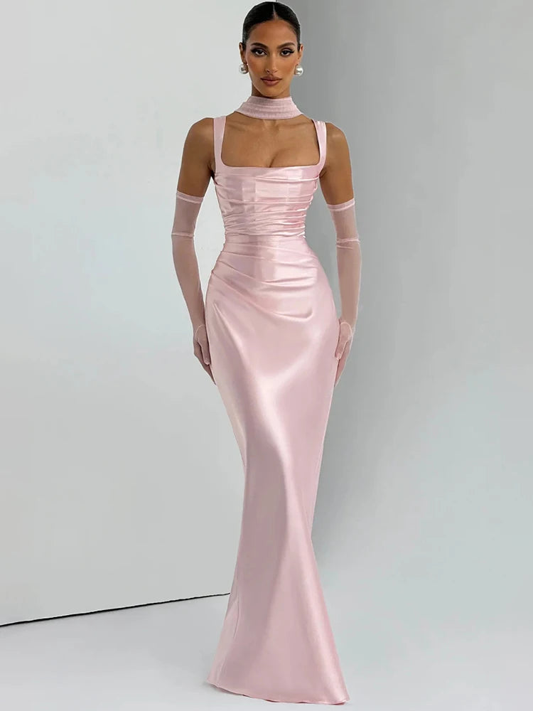 Satin Backless Sexy Maxi Dress Women Elegant Halter Off-shoulder Sleeveless Lace-up Bodycon Club Party Long Dresses