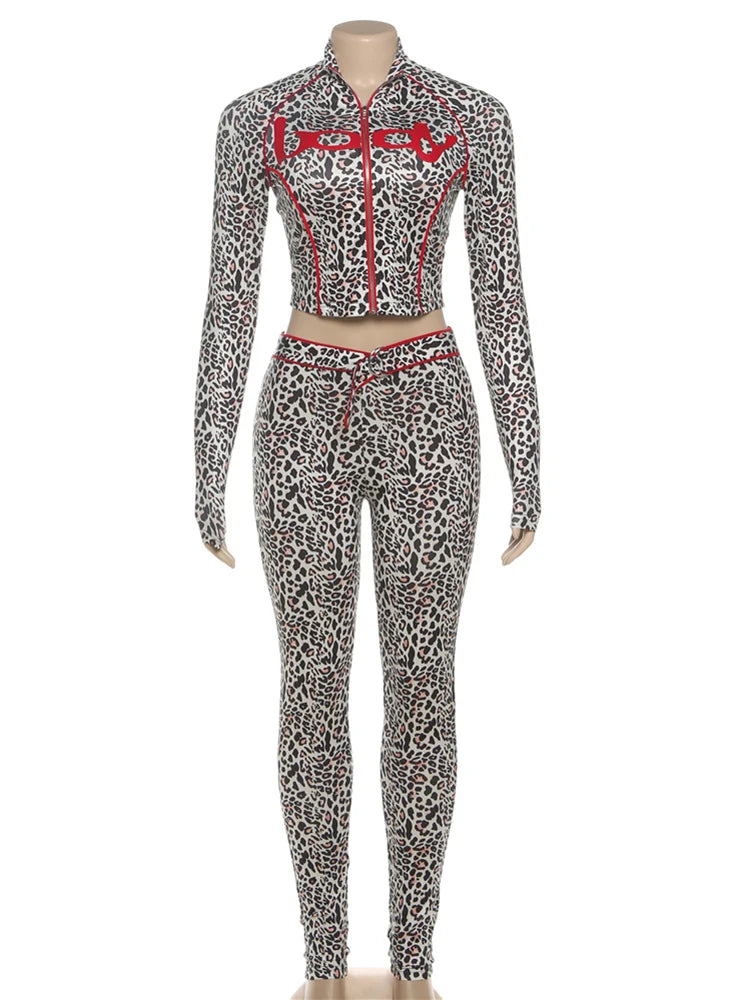 Leopard Letter Tracksuit Women 2 Piece Set Y2K Zip Crop Jacket+Metal Sash Leggings Sporty Matching Stretch Streetwear