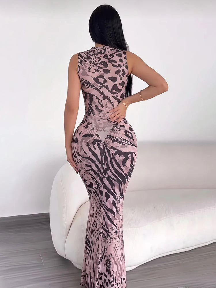 Sexy Fashion Long Dress Woman Leopard Print o-Neck Sleeveless High Waist Robe Midnight Club Party Elegant Vestidos