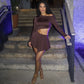 Sexy Hollow Mini Dress Women Skew Collar Off Shoulder Full Sleeve Rings Patchwork Waistless Ruched Elegant Outfits
