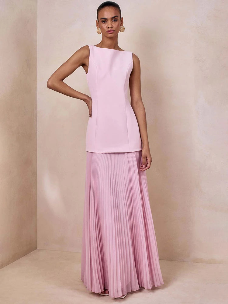 Elegant Two Piece Maxi Dress Women Fashion Boat Neck Sleeveless Bodycon Pleated Club Party Long Dress Female Vestidos
