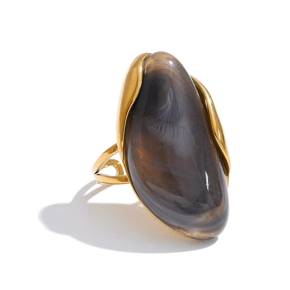 New Design Brown Green Beige Resin Geometric Adjustable Ring Golden PVD Stainless Steel Rust Proof Finger Jewelry Gift