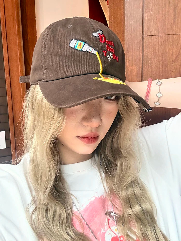 Women's Cute Embroidered Baseball Cap, Vintage Washed Cotton Dad Hat with Funny Print, Adjustable Casual Daily Sun Hat