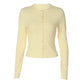 Light Yellow Ribbed Knit Button-up Cardigan Casual Long Sleeve Tops 2026 Fall T Shirts Woman Clothing