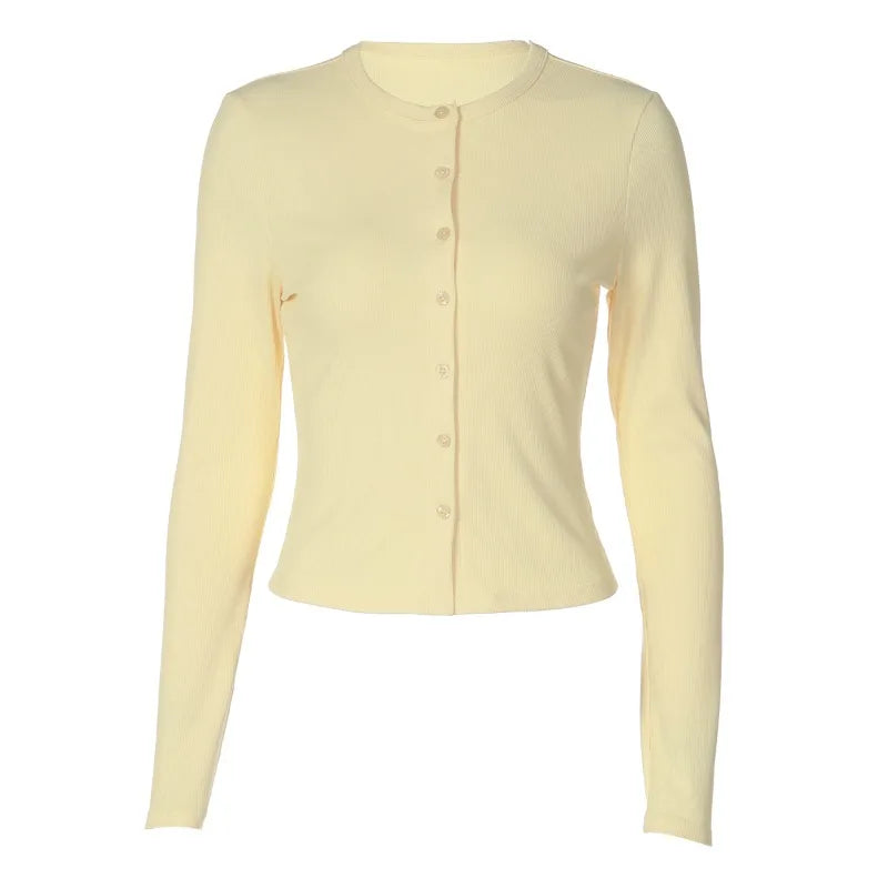 Light Yellow Ribbed Knit Button-up Cardigan Casual Long Sleeve Tops 2026 Fall T Shirts Woman Clothing