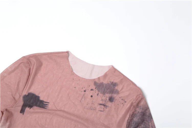 See Through Bodysuits Long Sleeves Gradient Print o-Neck High Elasticity Mesh Sexy Midnight Autumn Fashion Street Outfits