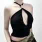 Hardwear Detail Hollow Backless Halter Top Black Tanks & Camis Sexy Summer Deep V Neck Crop Tops Woman