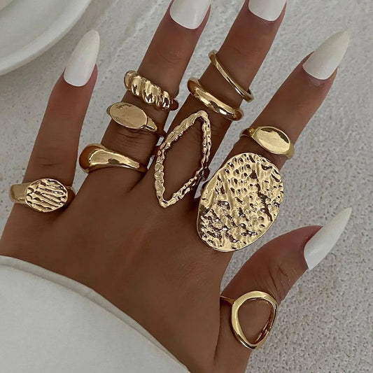 10Pcs/Set Vintage Irregular Open Adjustable Rings for Women New Trend Stacking Finger Rings Daily Party Jewelry Gift
