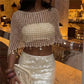 Summer Hollow Knit Coin Tassel Crop Poncho Women Off Shoulder Beach Bikini Cover Up Bohemian Vacation Layering Cape