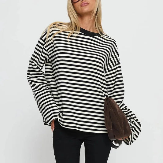 Striped Long Sleeve Shirt Women Y2k Oversized Crewneck Vintage Tops Fall Winter Drop Shoulder Cute Preppy Pullover