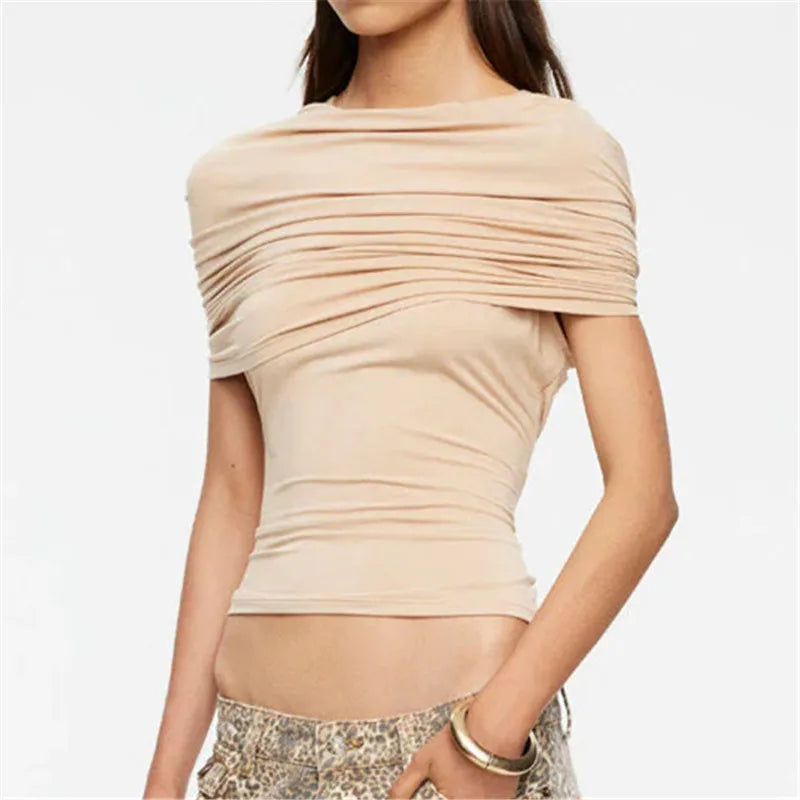 Women's Slim Fit Crop Tops Solid Color Stylish Ruched Front Overlay Ruched T-Shirt for Night Party Summer Streetwear
