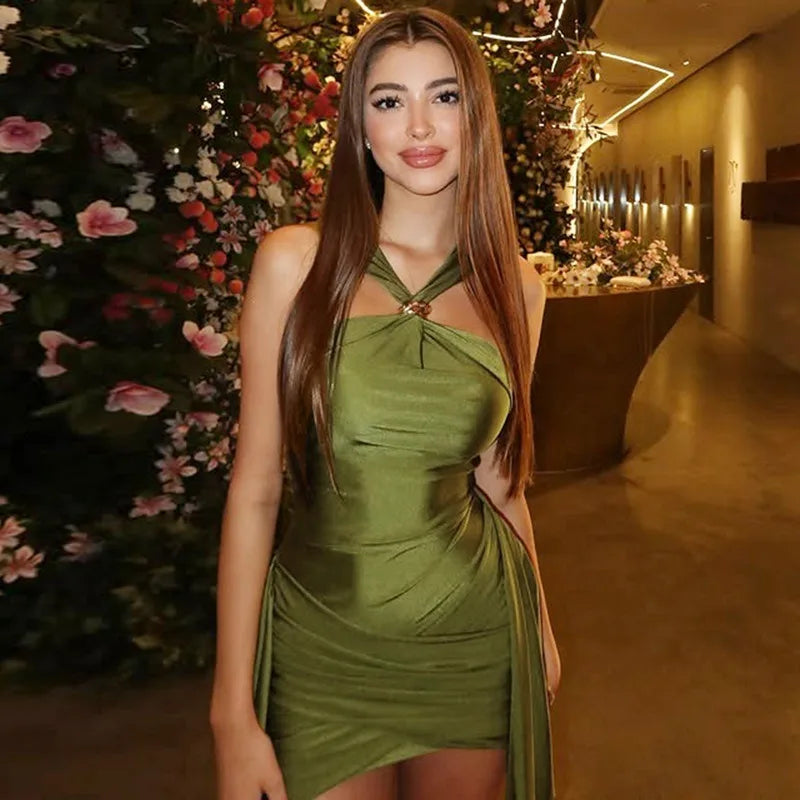 Halter Draped Mini Dress Green Black Club Outfits for Womens Sexy Dresses Birthday Party