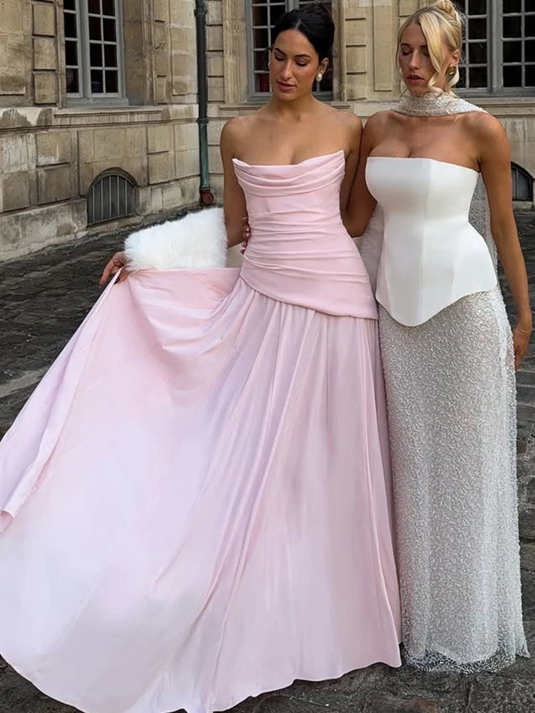 Elegant Solid Scarf+Maxi Dress Women Low-Neck Folds Sleeveless Skinny Wedding Party Vacation Matching Summer Suit