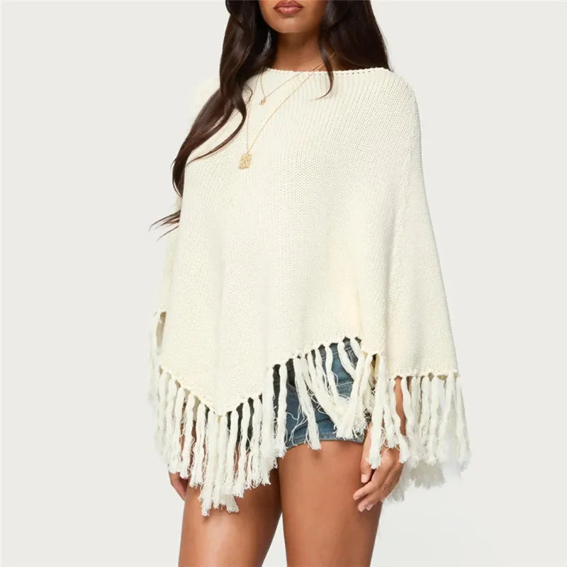 Women Knit Poncho with Tassels Loose Solid Color Boat Neck Cover up Tops Casual Winter Fall Shrug Sweaters